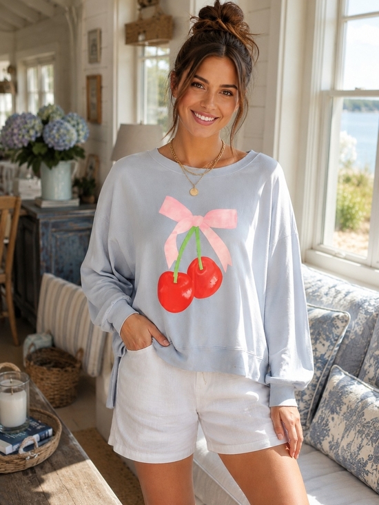 Forever 21 Tops - Forever 21 Light Blue Cherry Graphic Crewneck Sweatshirt
